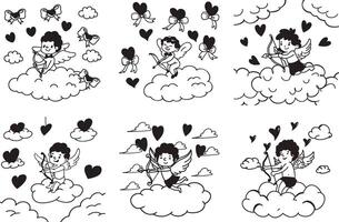 Hand drawn seamless pattern of cupid angels clouds and hearts for valentines day vector