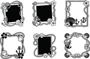 Nautical themed frame collection with anchors shells and rope in black and white vector