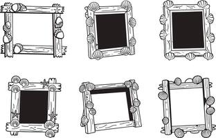Collection of hand drawn wooden frames with seashells and starfish vector