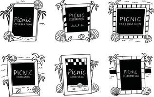 Doodle style picnic celebration frames with palm trees and seashells vector