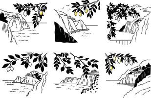 Mediterranean coastline with lemon trees black and white seamless pattern vector