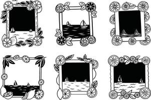 Black and white sketch illustration of frames decorated with citrus and sailboats vector