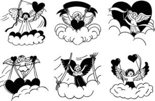 Set of black and white angel illustrations with hearts and clouds vector