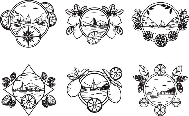 Monochrome illustration set of coastal scenes with sailboats and lemons