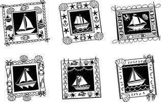 Black and white seamless pattern with nautical frames and sailing ships vector