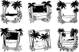 Set of tropical beach scene frames with palm trees flowers and starfish vector