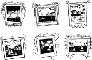 Black and white hand drawn photo frames with coastal scenery set vector