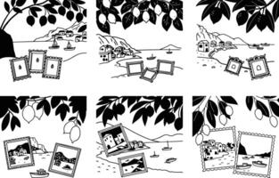 Mediterranean sea views through picture frames with lemon tree branches doodles vector