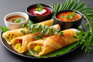 Masala dosa, a south indian pancake, served with sambar and chutney dips photo