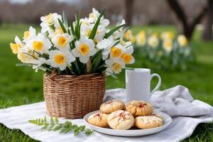 Spring picnic setting with daffodils, cookies and hot beverage photo