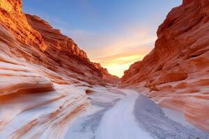 Stunning sunset illuminating red canyon with winding white sand path photo