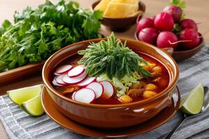 Steaming mexican pozole with fresh oregano, radish, cabbage, lime and hominy photo