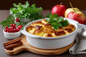Apple charlotte decorating with parsley and viburnum sitting near apples and cinnamon sticks photo