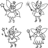 Cute fairy collection in outline style with wings and magic wands vector