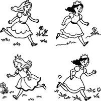 Four cartoon princesses running in a field black and white illustration vector
