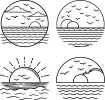 Set of minimalist sunset scenes with birds in circle frames line art vector