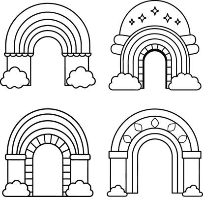 Rainbow arch collection outlined cartoon design elements for children coloring book page