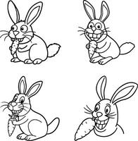 Set of cartoon rabbits with carrots outline illustration vector