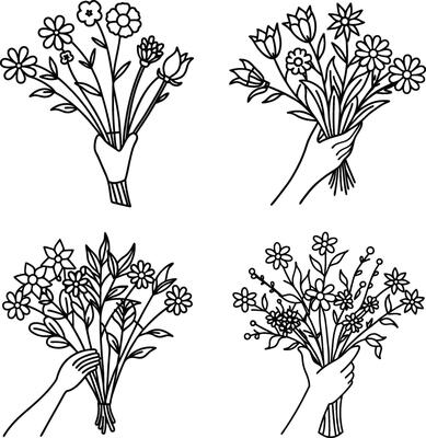 Line art illustration of hands holding floral bouquets in various styles