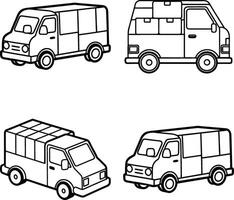Set of delivery van outlines in various poses for coloring book or design vector