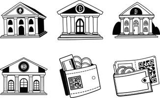 Cryptocurrency and blockchain financial concept featuring buildings representing bitcoin ethereum and digital wallets vector