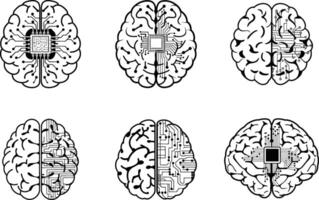 Set of black and white brain circuit board illustrations vector