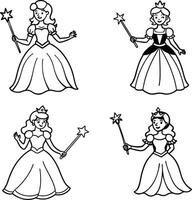 Four princess characters with wands in black and white outline style vector