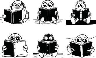 Cartoon robots reading books black and white doodle style characters collection vector