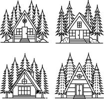 Set of isolated cabin illustrations in forest outline design vector