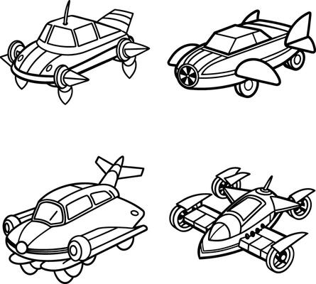 Outlined retro futuristic flying car designs isolated on white background