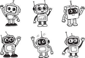 Set of cartoon robots waving hand illustration outlines vector