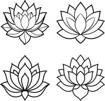 Four lotus flower outline illustrations in black and white for design elements vector