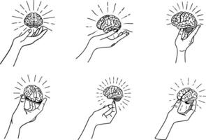 Creative brain concepts hand holding glowing brains idea generation line art vector