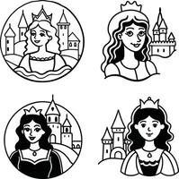 Princess illustrations with crowns and castle backgrounds in outline style vector
