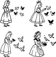 Princess with birds line art silhouette illustrations set vector