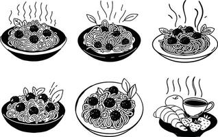 Black and white seamless pattern of food illustrations with pasta and pastries vector