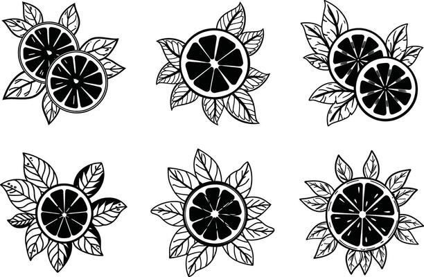 Seamless pattern of black and white citrus slices surrounded by leaves