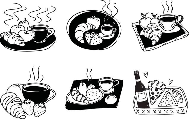 Hand drawn breakfast food set illustration black and white