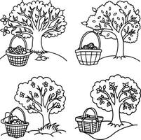 Four fruit tree outlines with baskets ready for coloring activity book page vector