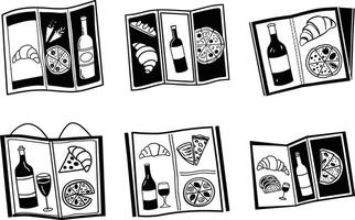 Hand drawn food menu icons set featuring pizza croissants and wine bottles vector
