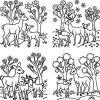 Black and white coloring page featuring deer family in a forest setting vector