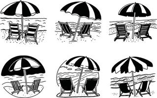Monochrome beach scene with chairs and umbrellas black and white illustration vector