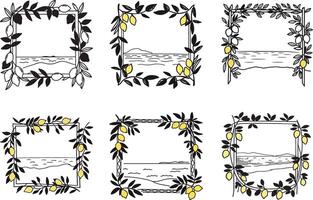 Lemon frames collection hand drawn borders with mediterranean sea scenery vector