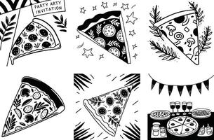 Doodle style pizza party illustration for invitations and graphic design vector
