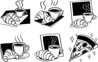 Black and white doodle pattern with coffee croissants and pizza slice vector