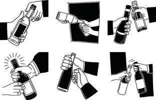 Monochrome illustration of hands opening and handling various bottles vector