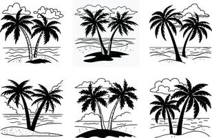 Black and white palm trees sketches set with clouds and sea views vector