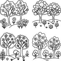 Collection of simple trees and flowers line art illustrations isolated on white vector
