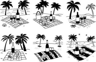 Seamless pattern of picnic scenes on tropical beaches with palm trees and wine vector