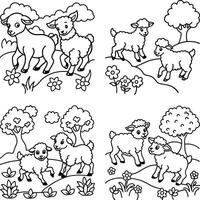 Cute cartoon sheep in different scenes outline illustration for coloring page vector